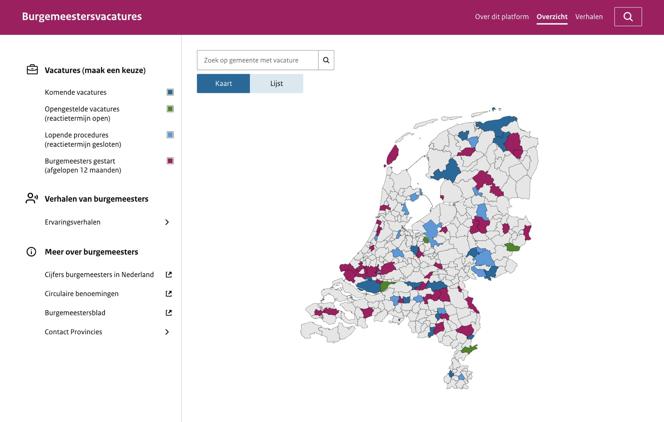 Een kaart van Nederland met de huidige situatie van vacatures voor burgemeesters